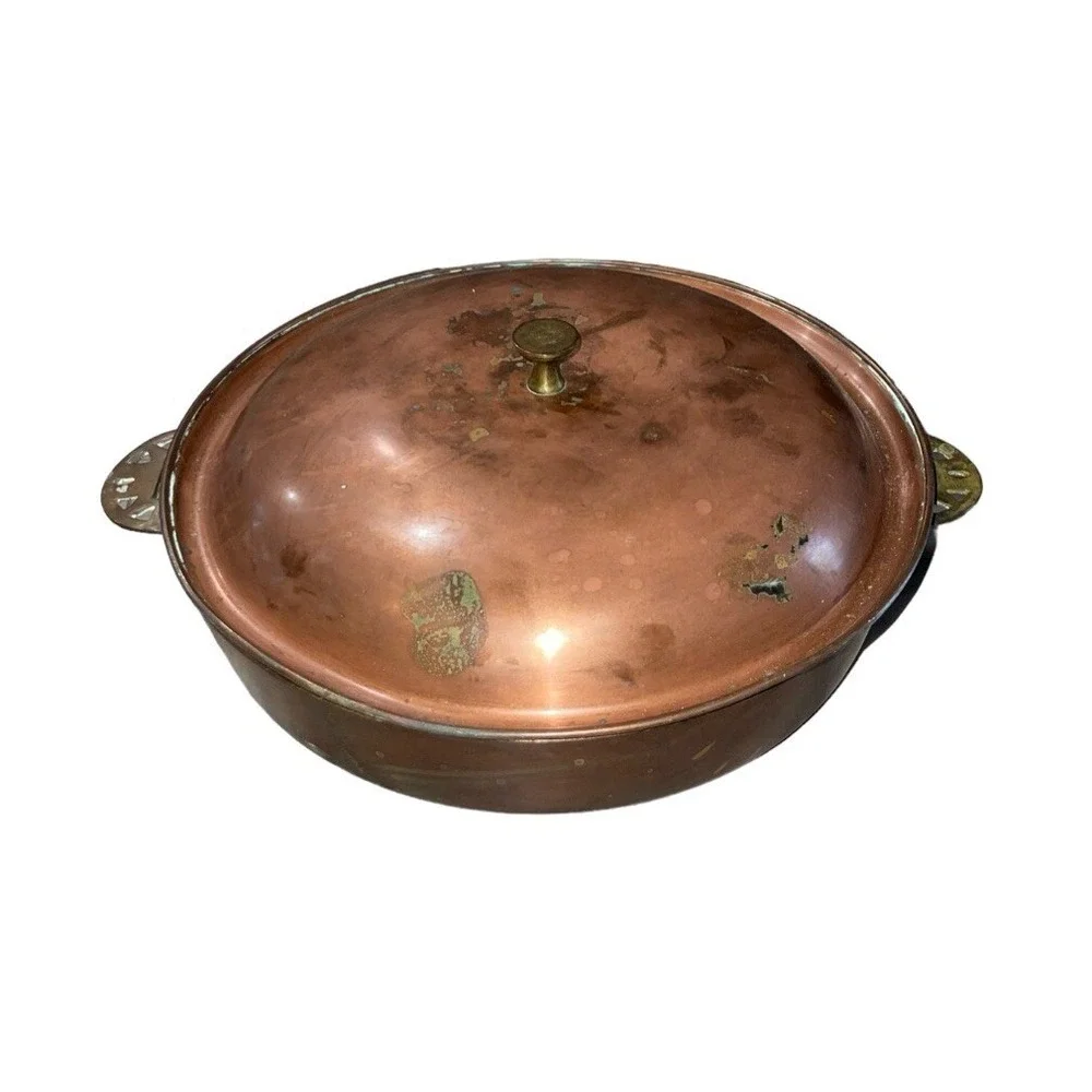 Vtg Copper Fry Skillet Pan Brass Handles 10 Inch Patina Farmhouse Decoration